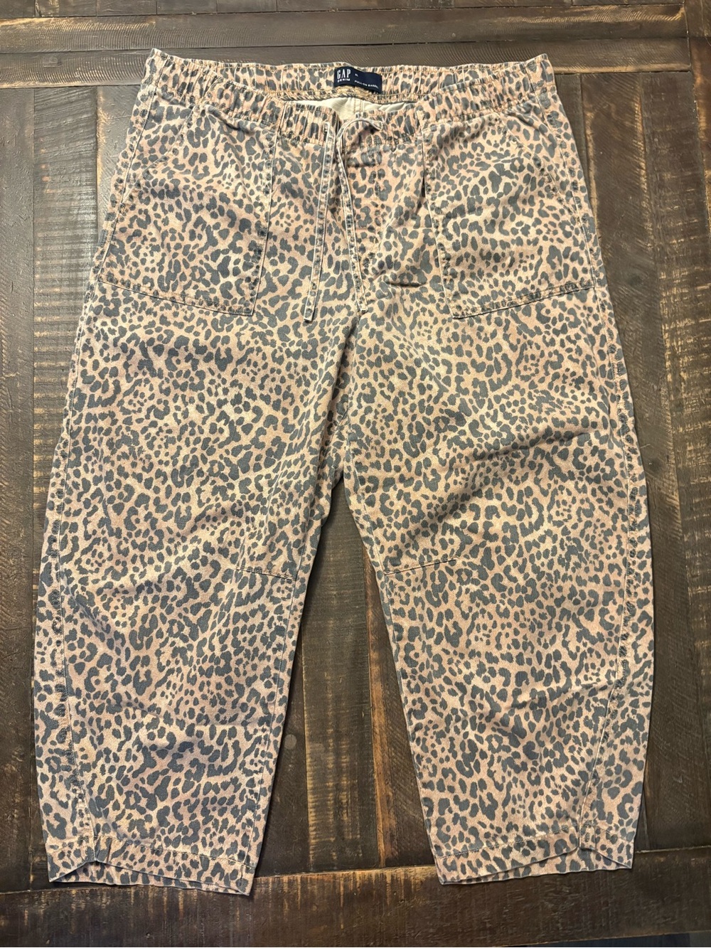 Gap Denim Pull On Barrel Leg Pants Leopard Print Women’s XL Drawstring Crop Boho